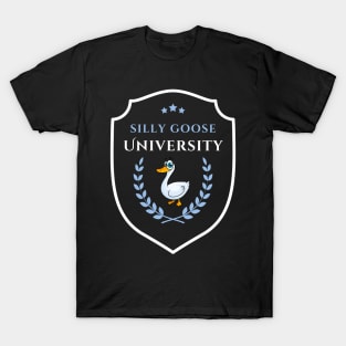 Silly Goose University - Funny Cartoon Goose Emblem With Blue Details T-Shirt